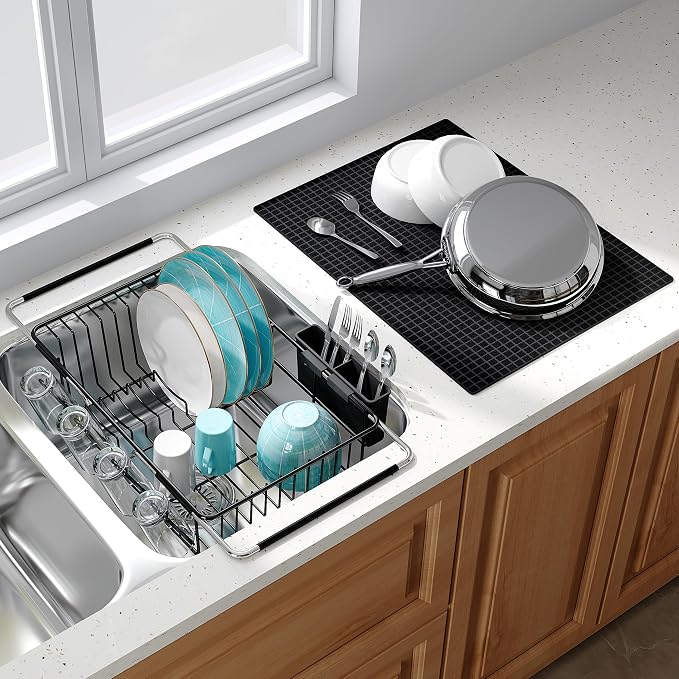 JASIWAY Black Dish Drying Rack in Sink with Mat, Cups and Utensil Holder | Use Over the Sink or Counter, Stainless Steel Expandable Dish Drainer for Small Kitchen, Space Saving, Fast Drain, Rustproof by JASIWAY