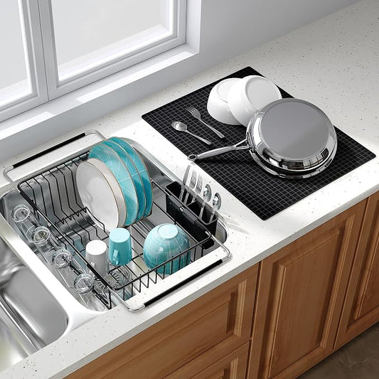 JASIWAY Black Dish Drying Rack in Sink with Mat, Cups and Utensil Holder | Use Over the Sink or Counter, Stainless Steel Expandable Dish Drainer for Small Kitchen, Space Saving, Fast Drain, Rustproof by JASIWAY