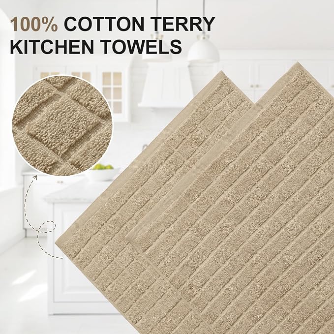 Homaxy Premium Ring Spun Cotton 390 GSM Kitchen Towels, 6 Pack, Tan | 16" x 28" Large Dish Towels, Super Absorbent Terry Hand Towels, Soft Tea Towels with Hanging Loop - Image 2