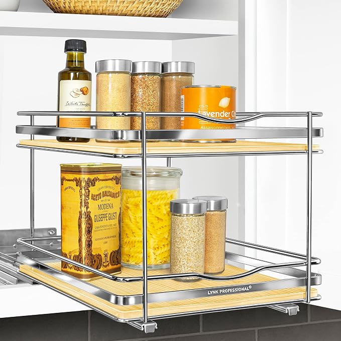 LYNK PROFESSIONAL® Élite™ Pull Out Spice Organization for Cabinets - 10-3/8 inch Wide – Spice Rack for Inside Cabinets – Wood/Chrome - Sliding Spice Rack Organizer for cabinet – Spice Rack - 2 Tier by LYNKPROFESSIONAL