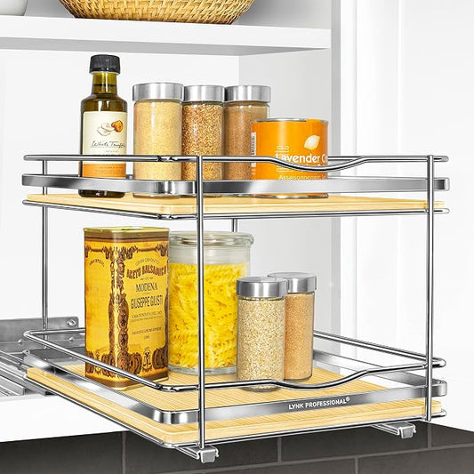 LYNK PROFESSIONAL® Élite™ Pull Out Spice Organization for Cabinets - 10-3/8 inch Wide – Spice Rack for Inside Cabinets – Wood/Chrome - Sliding Spice Rack Organizer for cabinet – Spice Rack - 2 Tier by LYNKPROFESSIONAL