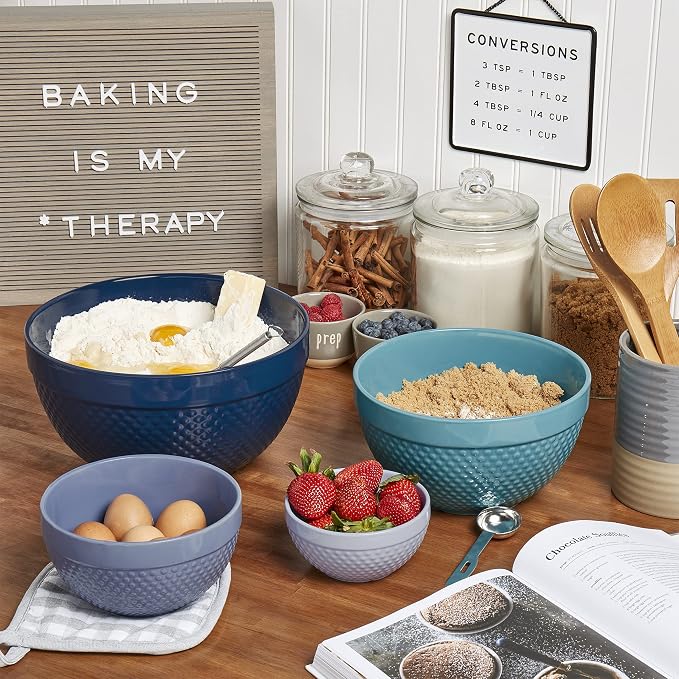 Tabletops Gallery Hobnail Style 4 Piece Blue Storm Stoneware Nesting Mixing Bowl Set for Baking and Cooking - Image 4