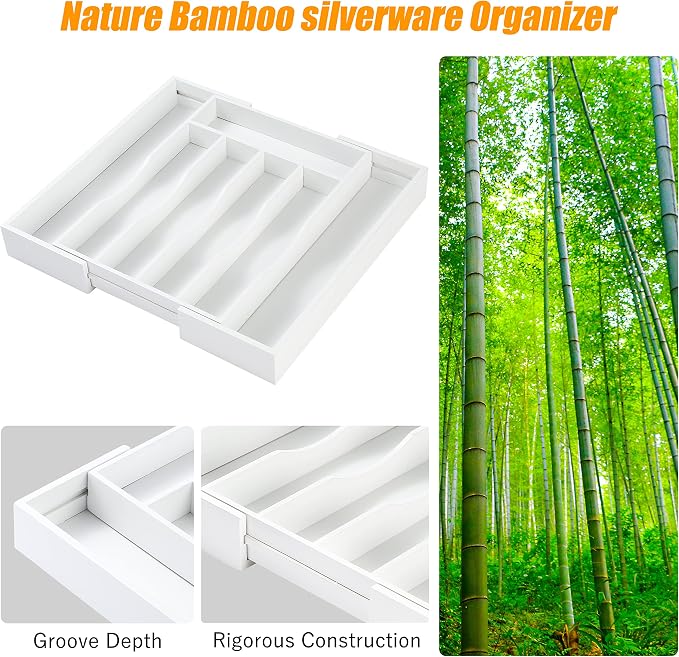 White Silverware Organizer Kitchen Drawer Organizer Expandable Bamboo Utensil Holder Cutlery Tray for Kitchen Utensil and Flatware Bedroom Office - Image 6