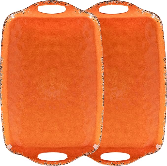 Melamine Serving Tray with Handles, 19“ x 12" Vintage Rustic Large Rectangular Melamine Serving Platter for Serving Food, Breakfast Tray, Set of 2, Dishwasher Safe, Orange by ZAROCRUS