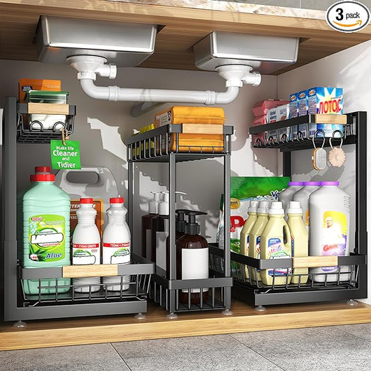 3-Pack 2-Tier Height Adjustable Under Sink Organizer, Black | Multi-purpose metal storage shelf with sliding shelves for kitchen, bathroom, pantry & laundry cabinet by Sevenblue