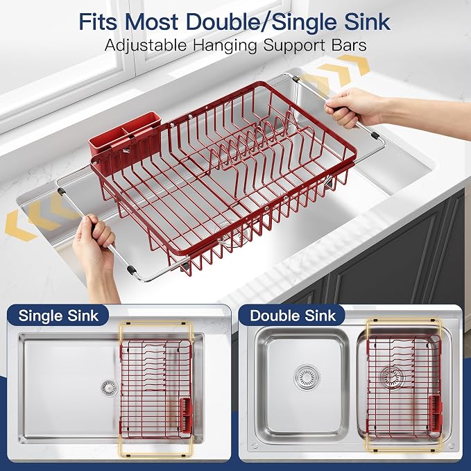 JASIWAY Red Dish Drying Rack Over the Sink with Utensil Holder | Expandable Stainless Steel Dish Driainers for Small Kitchen, Counter Space Saving, Fast Drain, Rust Resistant, For Apartment - Image 3