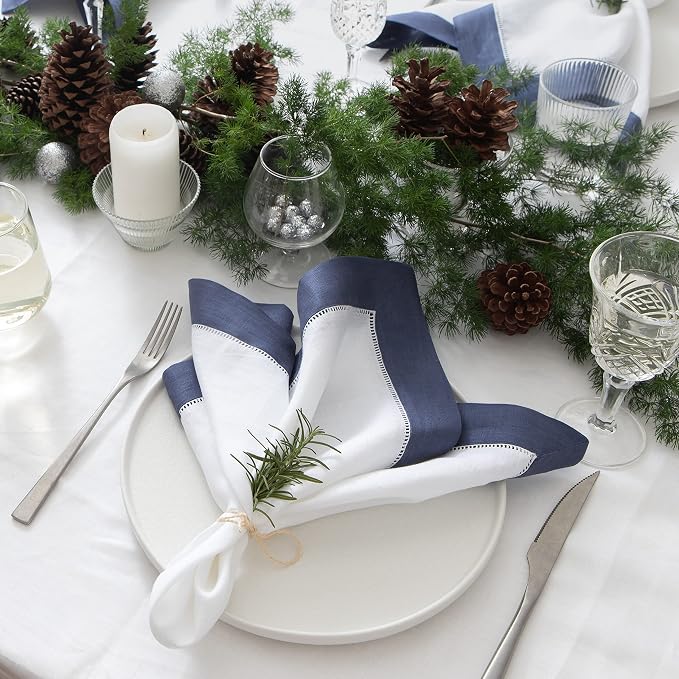 Linen Napkins 20 x 20 inch - 100% Pure Linen White and Navy Blue Dinner Napkins Set of 4 - Hemstitch Napkins Cloth Washable for Winter, Easter and Spring Decor - Image 7