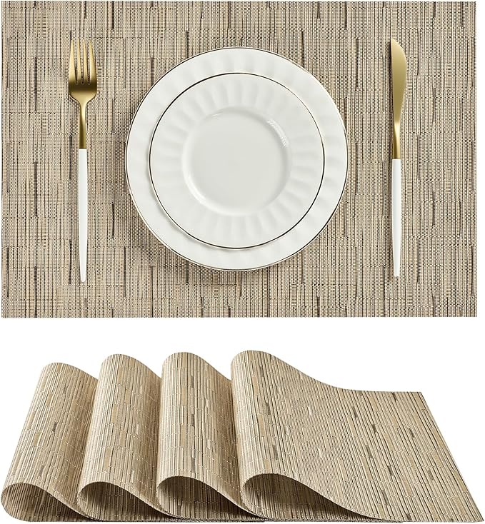 Leetaltree Light Brown Placemats Set of 4 - Heat Resistant Non-Slip Place mats for Dining Table, Washable Durable PVC Vinyl Woven Table Mats（Light Brown, 4） by Leetaltree-ArtatEveryTable