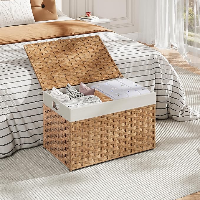 HOOBRO Storage Basket with Lid, 17.2 Gallon (65L) Wicker Basket, Handwoven Blanket Storage Basket with Handles, Metal Frame and Soft Lining, Foldable for Bedroom, Laundry Room, Natural NL265CW01 - Image 3