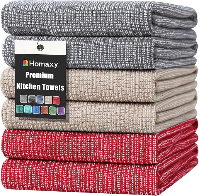 Homaxy 380 GSM Cotton Premium Kitchen Towels 6 Pack, 18"x 28", Mix | Flat and Terry Dish Towels, Highly Absorbent Tea Towel Set with Hanging Loop, Soft Kitchen Hand Towels, Red/Grey/Khaki by Homaxy