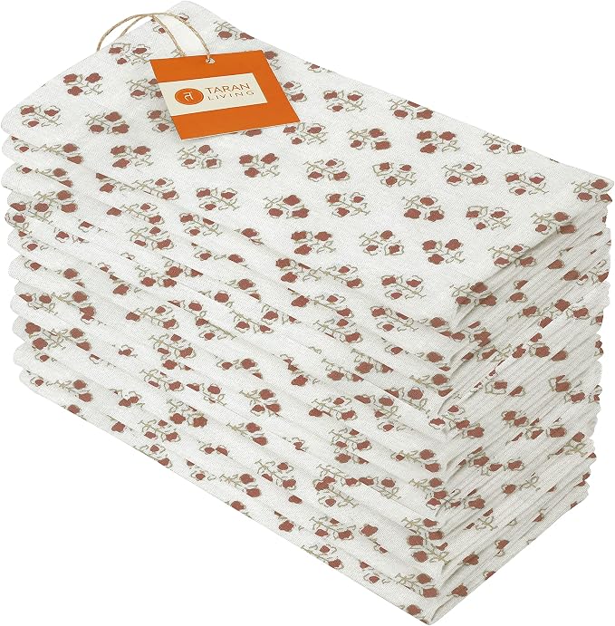 Cotton Cloth Napkins Natural Reusable Fall Dinner Napkins Reusable Machine Washable Fabric for Events, Gift, Home Decor - 18"x18" - Set of 12 (Brown Floral (Pack of 12), 18x18 Inchs) by TARANLIVING