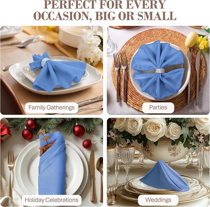 17x17-Inch Shantung Cloth Napkins, Periwinkle, Set of 12 | Bulk Case of 1 Dozen, Satin, Square, 100% Polyester Fabric, Reversible, Faux Dupioni Silk Reverse Side, Machine Washable - Image 4