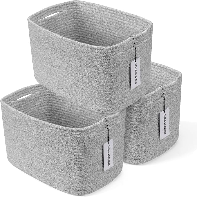 XUANGUO Woven Cotton Rope Storage Baskets 15x10x9.3" 3 Pack Grey | Decorative rectangular storage baskets for shelves and closets; storage bins organize clothes, toys, books and nursery items. by XUANGUO