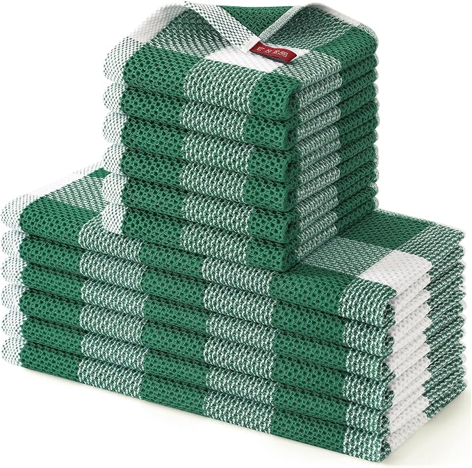 Homaxy Kitchen Towels and Dishcloths Set, Set of 12, White & Dark Green | Bulk Cotton Waffle Weave Check Plaid Kitchen Towels, Super Soft and Absorbent Dish Cloths, 12 x 12 and 13 x 28 Inches by Homaxy