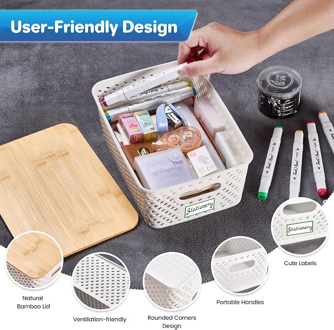 Anysig 8 Pack Plastic Storage Bins with Bamboo Lids, 5.2 QT Stackable Bins | Decorative Small Storage Basket Containers for Organizing Shelves Office Classroom Desktop Closet, Cream White - Image 3