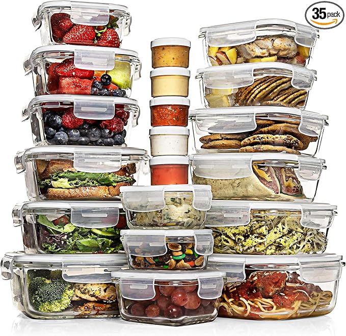 Razab 35 Pc Set Glass Food Storage Containers with Lids - Meal Prep Airtight Bento Boxes BPA-Free 100% Leak Proof (15 lids,15 glass & 5 Plastic Sauce/Dip Containers) by RazabHomeGoods