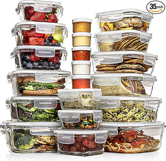 Razab 35 Pc Set Glass Food Storage Containers with Lids - Meal Prep Airtight Bento Boxes BPA-Free 100% Leak Proof (15 lids,15 glass & 5 Plastic Sauce/Dip Containers) by RazabHomeGoods