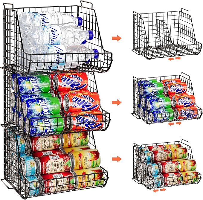 Stacking Can Dispensers 3 Tier with 3 Divider, Large Pantry Can Organizer, Beverage Drink Pop Soda Can Storage Basket, Can Holders for Pantry, Canned Food Rack Wire Bins for Kitchen Cabinet (3-Pack) by Lyuwanxian
