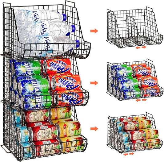 Stacking Can Dispensers 3 Tier with 3 Divider, Large Pantry Can Organizer, Beverage Drink Pop Soda Can Storage Basket, Can Holders for Pantry, Canned Food Rack Wire Bins for Kitchen Cabinet (3-Pack) by Lyuwanxian