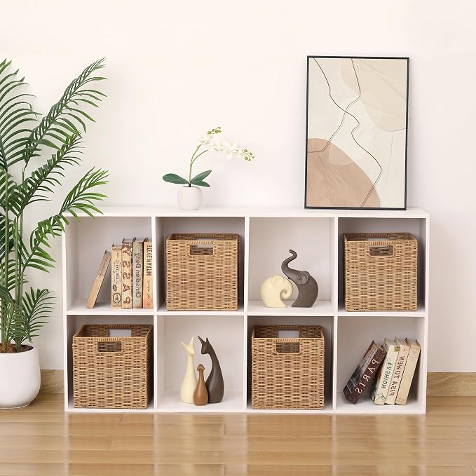 10.5 x 10.5 in Plastic Wicker Baskets for Cube Storage, Collapsible Square Wicker Storage Basket Set of 3, Rattan Storage Cube, Square Baskets for Shelves - Khaki - Image 2