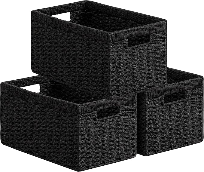 UBBCARE 3 Pack Wicker Basket, 13.4L×8.3H×7.1W inch Woven Paper Rope Storage Baskets for Shelves, Foldable Rectangular Storage Baskets with Handle, Storage Basket for Organizing, Black by UBBCARE