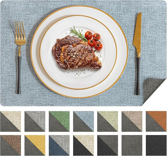 Romanstile Vinyl Placemats Set of 4, Reversible Faux Leather Heat Resistant Wipeable Table Mats, Waterproof Washable Non-Slip Table Placemats for Dining/Kitchen/Outdoor (Grey Sky Blue, 12" x 17") by Romanstile