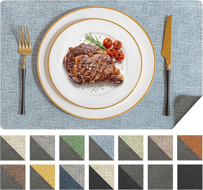 Romanstile Vinyl Placemats Set of 6, Reversible Faux Leather Heat Resistant Wipeable Table Mats, Waterproof Washable Non-Slip Table Placemats for Dining/Kitchen/Outdoor (Grey Sky Blue, 12" x 17") by Romanstile