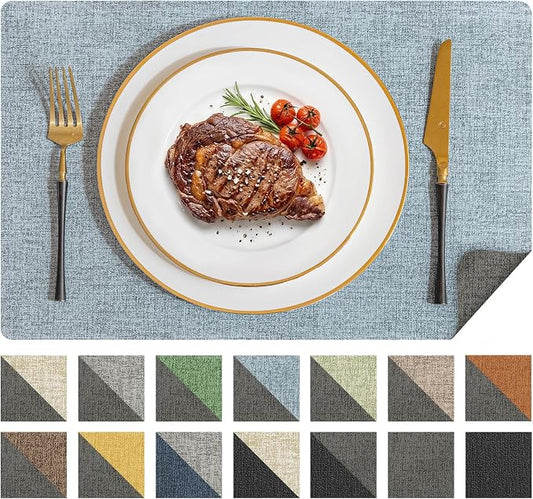 Romanstile Vinyl Placemats Set of 6, Reversible Faux Leather Heat Resistant Wipeable Table Mats, Waterproof Washable Non-Slip Table Placemats for Dining/Kitchen/Outdoor (Grey Sky Blue, 12" x 17") by Romanstile