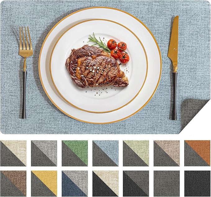 Romanstile Vinyl Placemats Set of 6, Reversible Faux Leather Heat Resistant Wipeable Table Mats, Waterproof Washable Non-Slip Table Placemats for Dining/Kitchen/Outdoor (Grey Sky Blue, 12" x 17") by Romanstile