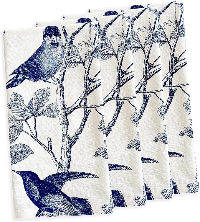 Arbor Birds Blue Napkins Set of 4 | 100% Cotton Cloth Set for Entertaining or Everyday Table | Perfect for Wedding, Birthday, Christmas Blue and White, 22 Inch Square by Caskata