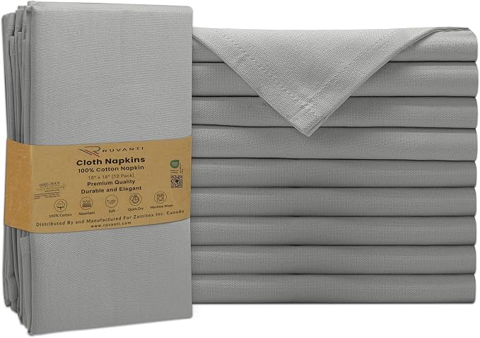 Ruvanti Cloth Napkins Set of 12, 100% Cotton High GSM 18x18 Inches Soft, Washable, Highly Durable & Absorbent, Perfect for Parties, Christmas, Thanksgiving Dinners – Wild Dove by Ruvanti