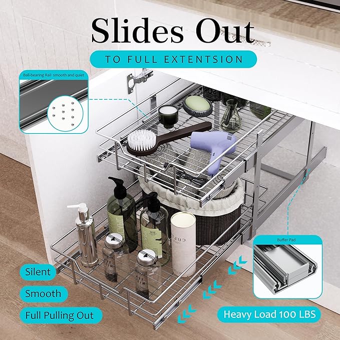 2 Tier Pull Out Cabinet Organizer 11" W X 22" D, Chromed, Full Slide Out | For Kitchen Organizers and Storage, Pull Out Drawers For Cabinets Capacity Heavy Duty Caddy, Cabinet Shelves, Bathroom Pantry - Image 3