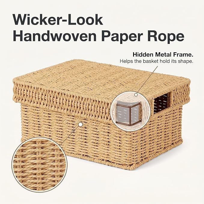 Wicker Storage Basket with Lid for Shelves, 3-Basket Set, Natural | One rectangular wicker basket with lid and two open baskets for decorative shelf storage; removable lid flips into a tray. - Image 2