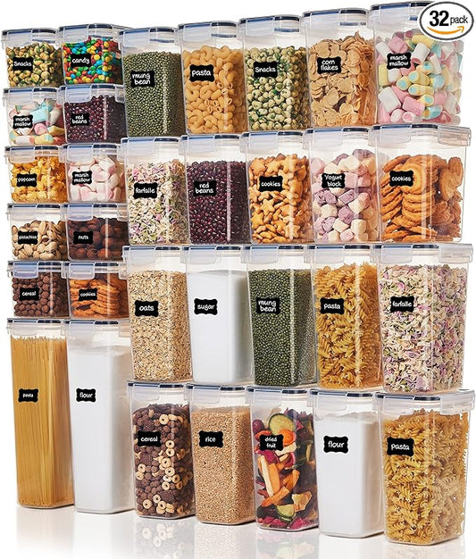 Vtopmart 32pcs Airtight Food Storage Containers Set, BPA Free Plastic Kitchen and Pantry Organization Canisters with Lids for Cereal, Dry Food, Flour and Sugar, Includes 32 Labels by Vtopmart