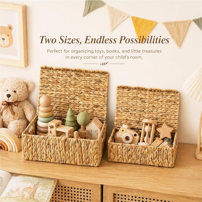LUSYDECO Set of 3 Scalloped Edge Wicker Basket with Lid, Rectangle Wicker Storage Basket with Built-in Handles, Multipurpose Organizer Rattan Display Boxes for Shelf, Nursery Room - Image 4