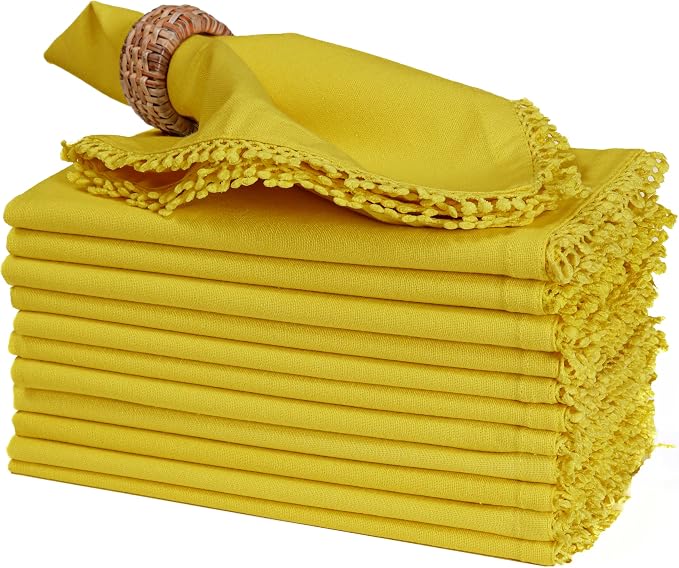 Bedding Craft Cotton Cloth Dinner Napkins Set of 12 – 18x18 Yellow with Decorative Lace Selvedge – Durable Machine Washable Fabric Napkins for Weddings, Baby Showers, Parties & Dining - Image 3