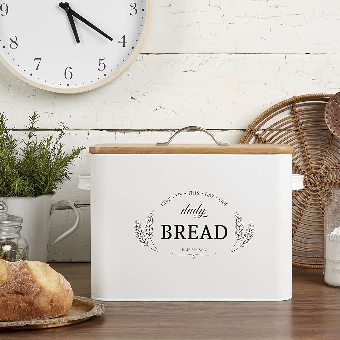 Baie Maison Extra Large White Farmhouse Bread Box for Kitchen Countertop - Breadbox Holder Fits 2+ Loaves - Bread Storage Container Bin - Rustic Bread Keeper Vintage Metal Kitchen Decor for Counter - Image 2