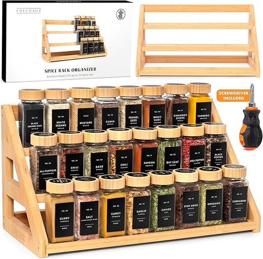 3 Tier Bamboo Spice Rack Organizer for Cabinet – Fits 24 Spice Jars, 17.5” Wide Countertop & Cabinet Organizer for Kitchen Organization, Seasoning Organizer Shelf (Jars Not Included) by EDELHAUS
