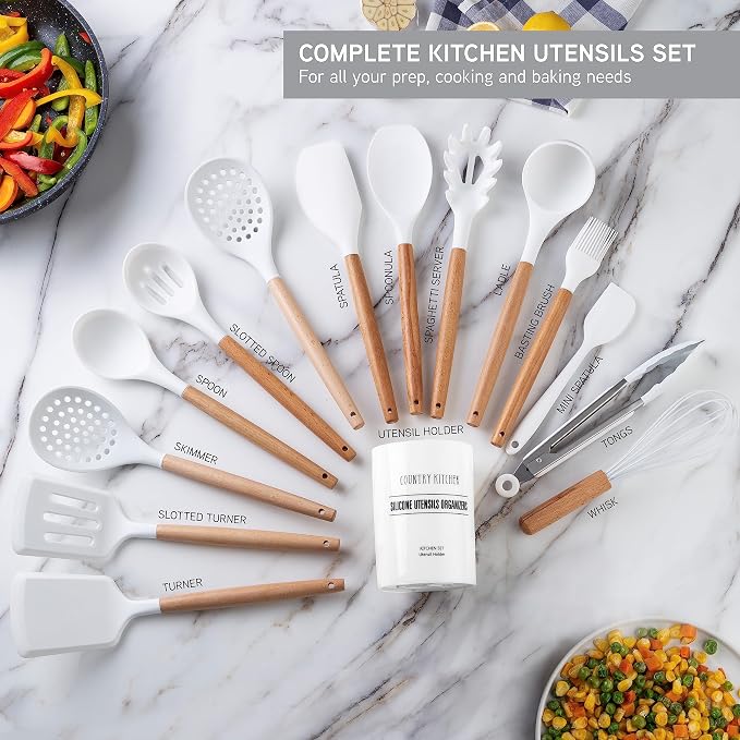 Country Kitchen Non Stick Silicone Utensil Set with Rounded Wood Handles for Cooking and Baking, 14 Piece Set, White - Image 2
