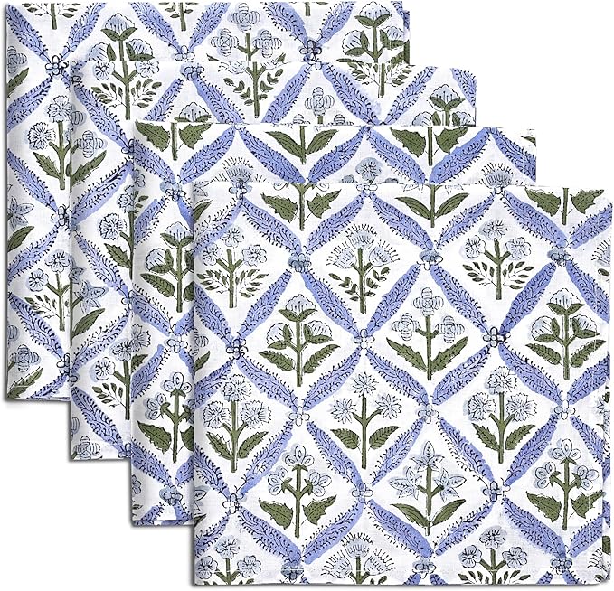 Light Steel Blue Hand Block Print 100% Cotton Napkins 18" x 18" (Set of 4) Reuseable Kitchen Napkins Cloth Decor Dinner Party Wedding Cocktail Gift for Spring, Easter, Summer by Ridhi