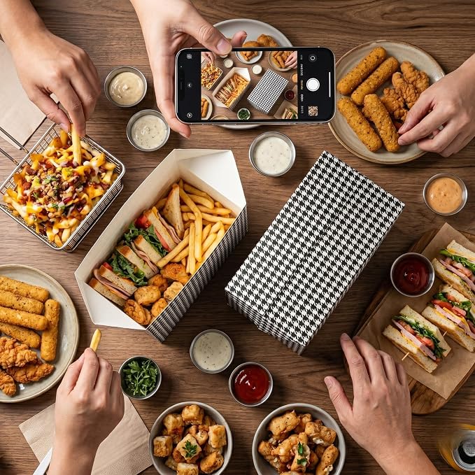 Restaurantware Bio Tek 80 Ounce To Go Boxes 400 Rectangle Take Out Food Containers - Fast Top Closure Disposable Black Houndstooth Paper Carry Out Containers For Burgers Or Fried Chicken - Image 4