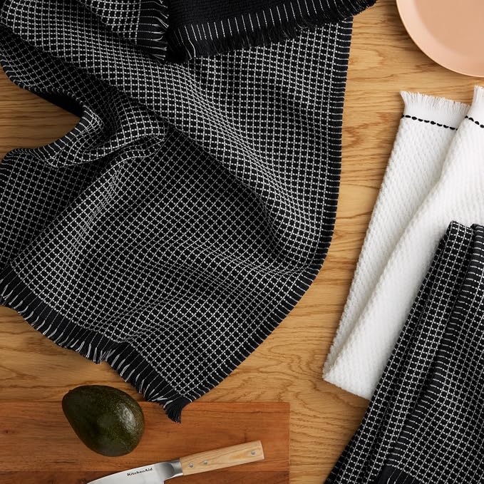 KitchenAid Gourmet Series Gridlines Kitchen Towels 3-Pack Set, 100% Cotton Absorbent, Matte Black, 18"x28" - Image 2