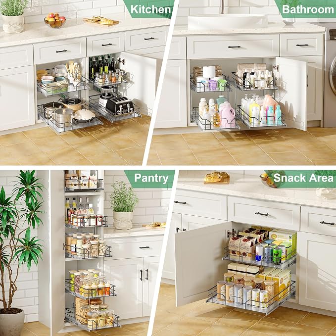 2-Tier Pull Out Cabinet Organizer (8" W x 22" D) | Soft Close Cabinet Slide Out Shelves, Heavy Duty Slide Out Drawers with Shelf Liner for Kitchen Cabinets, Pantry, Bathroom - Image 7