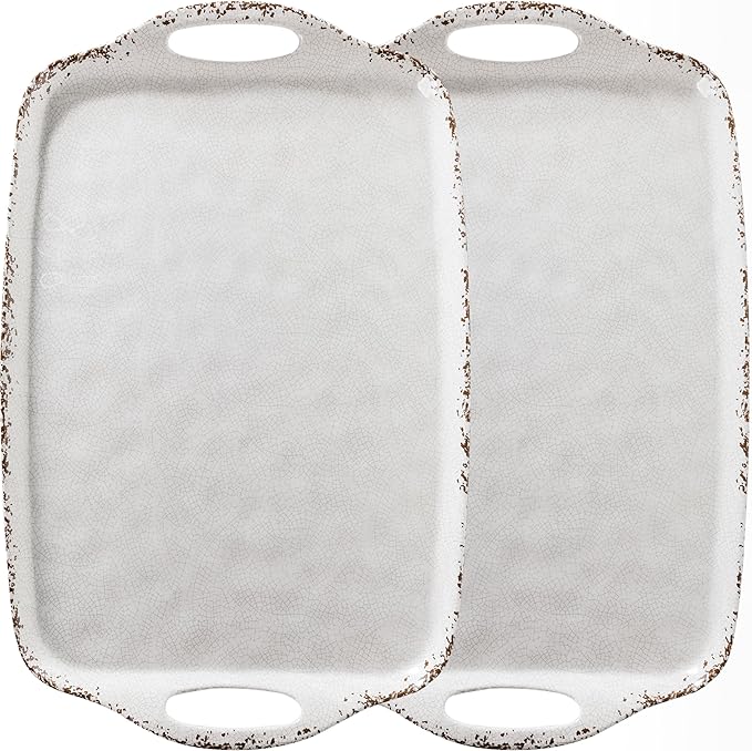 Farmhouse Melamine Serving Tray with Handles, Set of 2, 19"x12" Extra Large Rectangular Turkey Serving Platter, Serving Food Trays for Entertaining, Christmas,Thanksgiving,Party, Ivory by ZAROCRUS