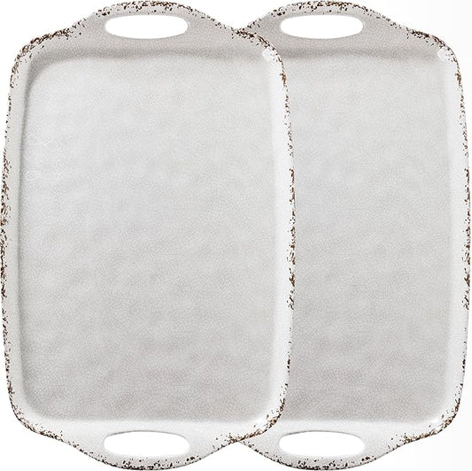 Farmhouse Melamine Serving Tray with Handles, Set of 2, 19"x12" Extra Large Rectangular Turkey Serving Platter, Serving Food Trays for Entertaining, Christmas,Thanksgiving,Party, Ivory by ZAROCRUS