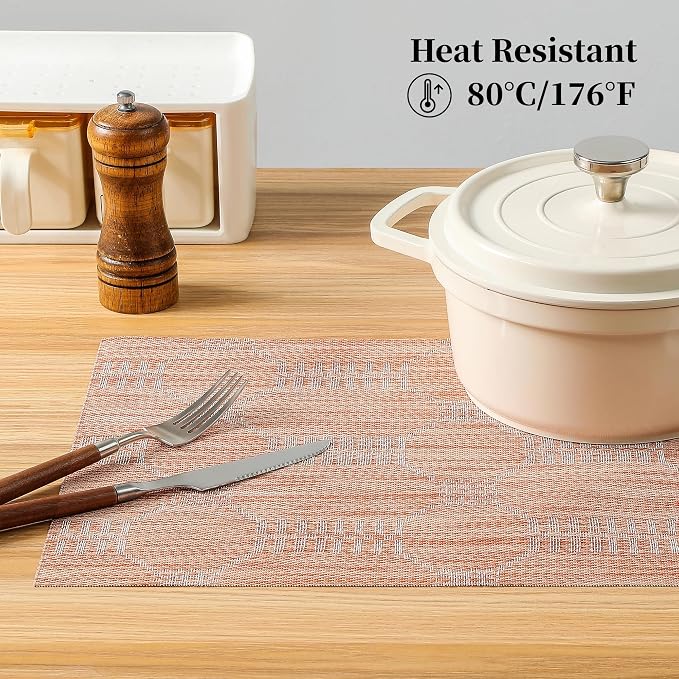 Leetaltree Coral Placemats Set of 12 - Heat Resistant Non-Slip Place mats for Dining Table, Washable Durable PVC Vinyl Woven Table Mats（Coral, 12） - Image 4