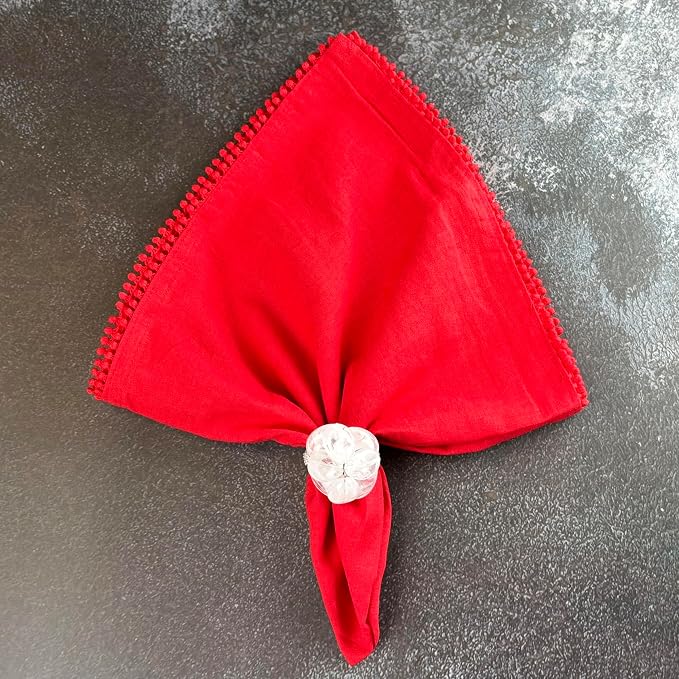 Cotton Napkins with Hand-Knotted Trim, Set of 4 – Lovely Reusable Cloth Napkins for Dining, Weddings, Birthday Gift, Summer, 22 x 22 Inch, Red - Image 4