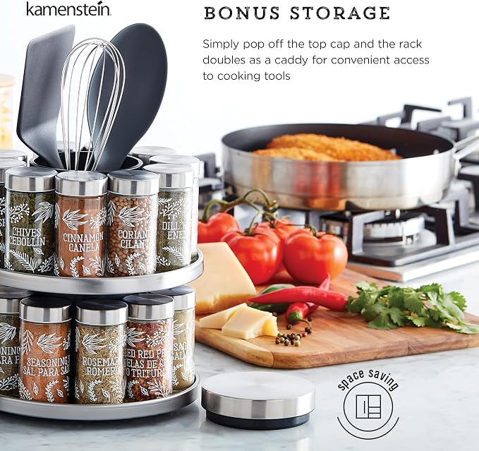 Kamenstein Salem 20-Jar Rotating Spice Rack with Spices Included, Stainless Steel Countertop Organizer with Sifter Caps and Tool Caddy, Spice Set for Kitchen Organization - Image 5