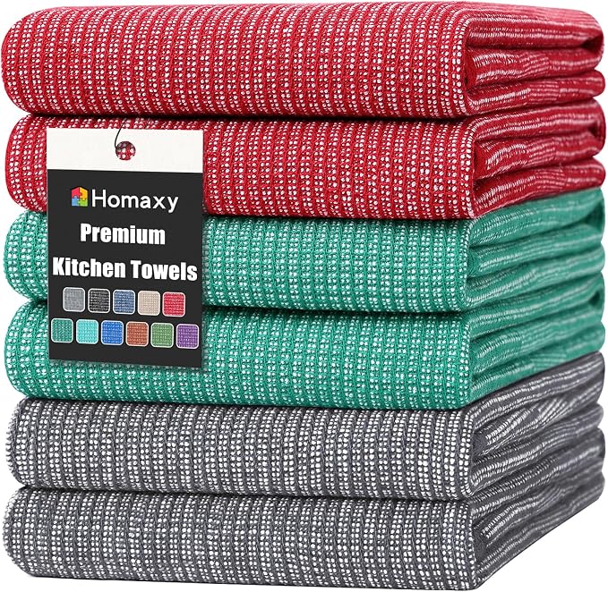 Homaxy 380 GSM Cotton Premium Kitchen Towels 6 Pack, 18"x 28", Mix | Flat and Terry Dish Towels, Highly Absorbent Tea Towel Set with Hanging Loop, Soft Kitchen Hand Towels, Grey/Red/Green by Homaxy