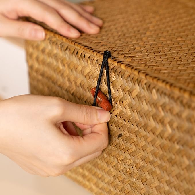 YANGQIHOME Woven Seagrass & Iron Wire Storage Baskets Set of 3 with Lids 4 Pack - Brown - Image 4